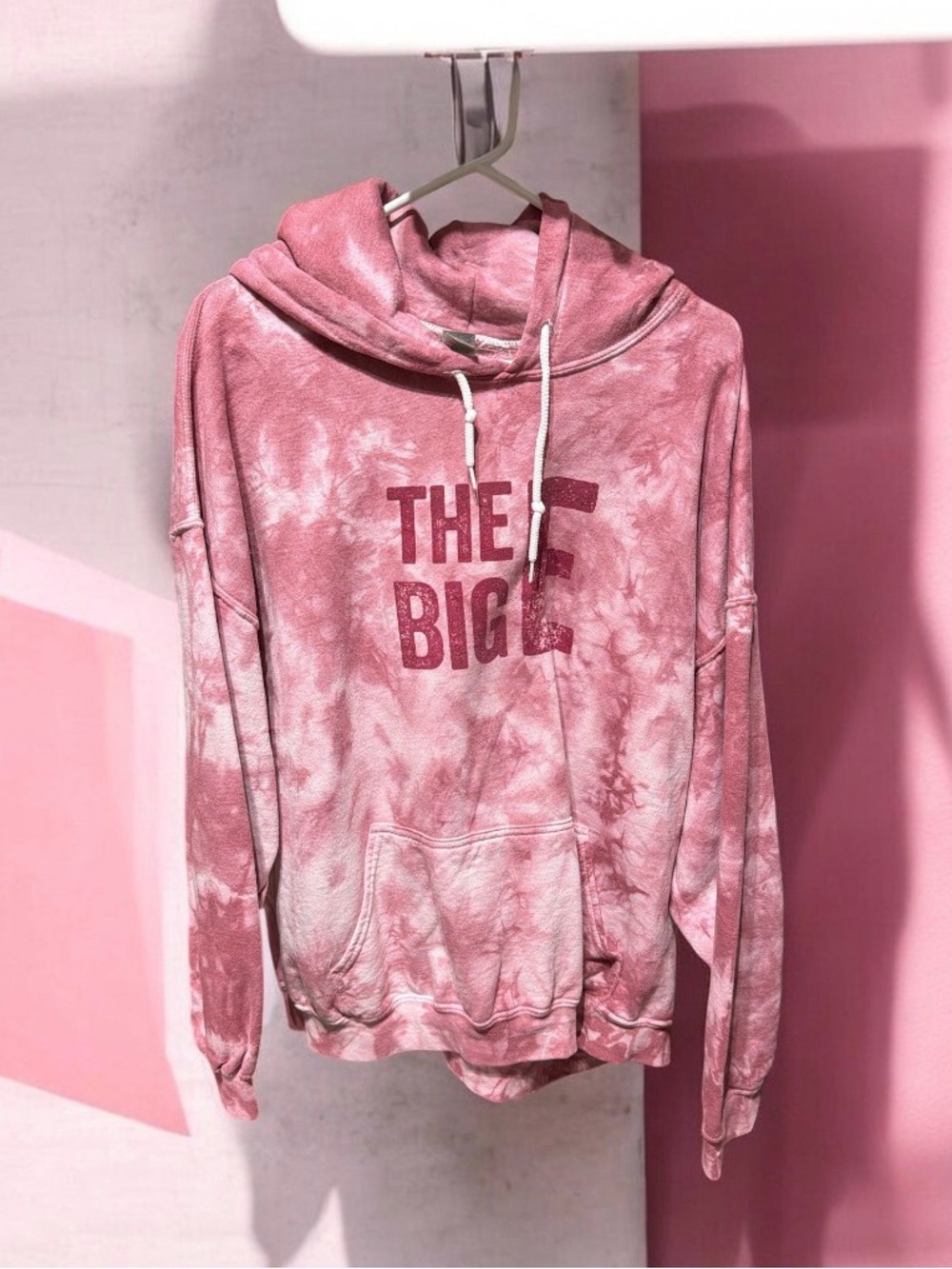 Gildan Pink Tie-Dye Cowl Neck Hoodie Sweatshirt with 'THE BIG E' Print